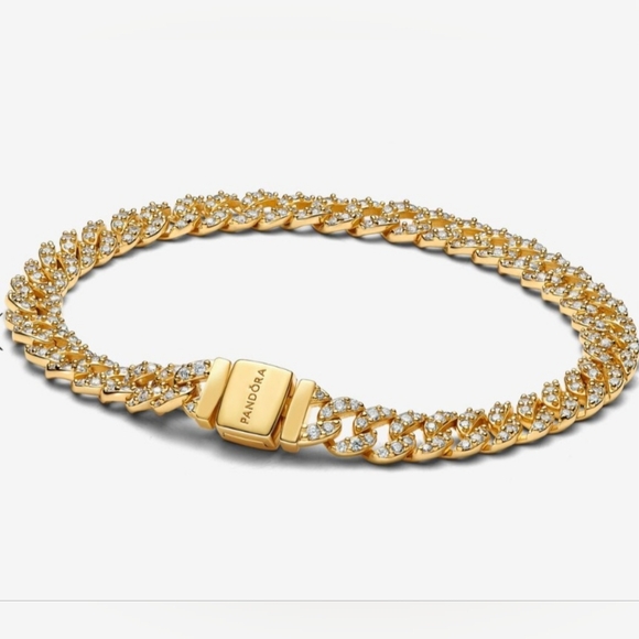 SALE! NEW AUTHENTIC PANDORA TIMELESS PAVÉ GOLD-PLATED CUBAN BRACELET BRACELET. - Picture 1 of 7